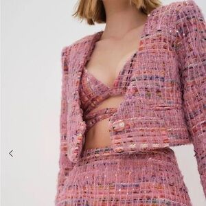 NWT For Love and Lemons cropped tweed Dionne blazer pink size Xs $200